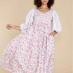 LoveShackFancy Balloon Sleeve Smocked Floral Midi Dress